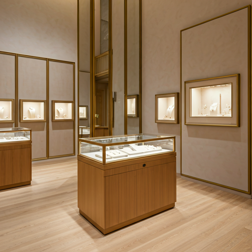 Luxury jewelry store with secure display cases and Gunatit safes